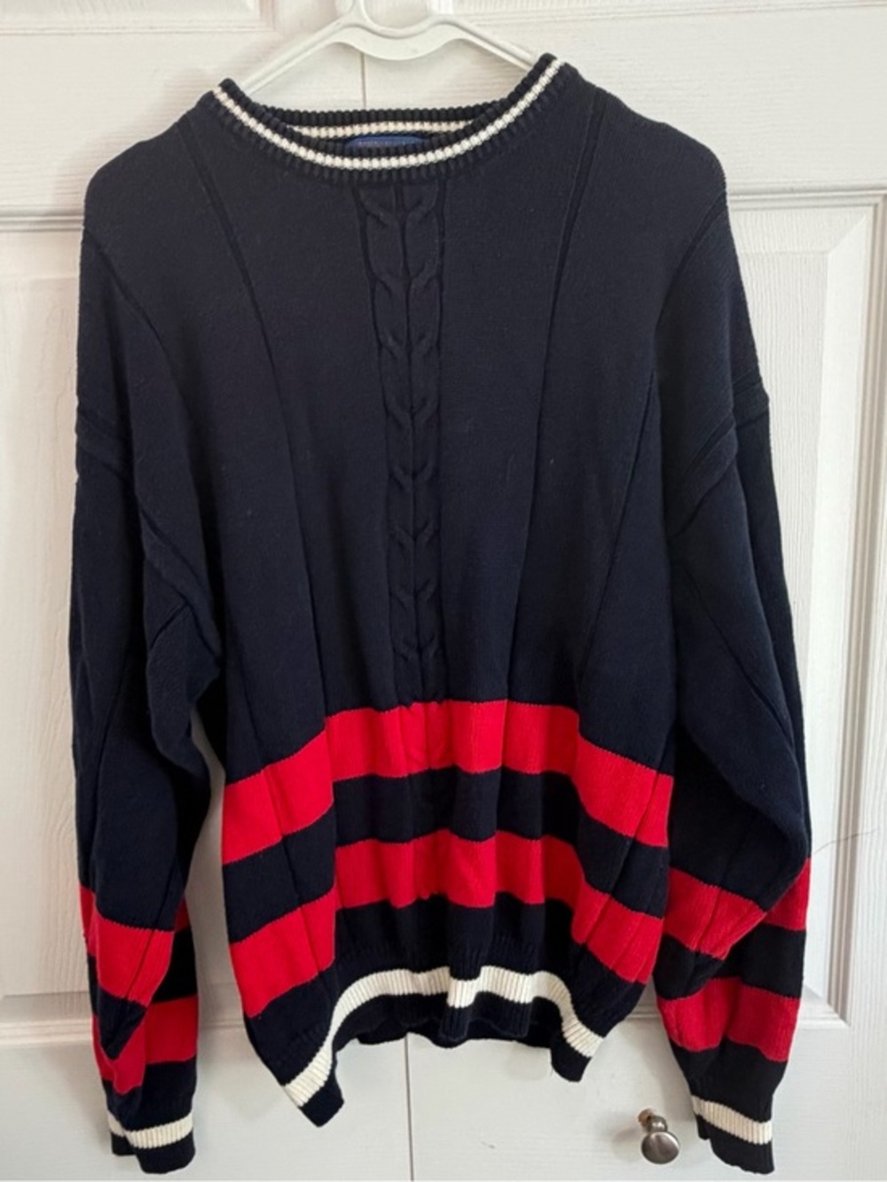 Pendleton Vintage Striped Cable Knit Crewneck Sweater Navy Red Cream Large